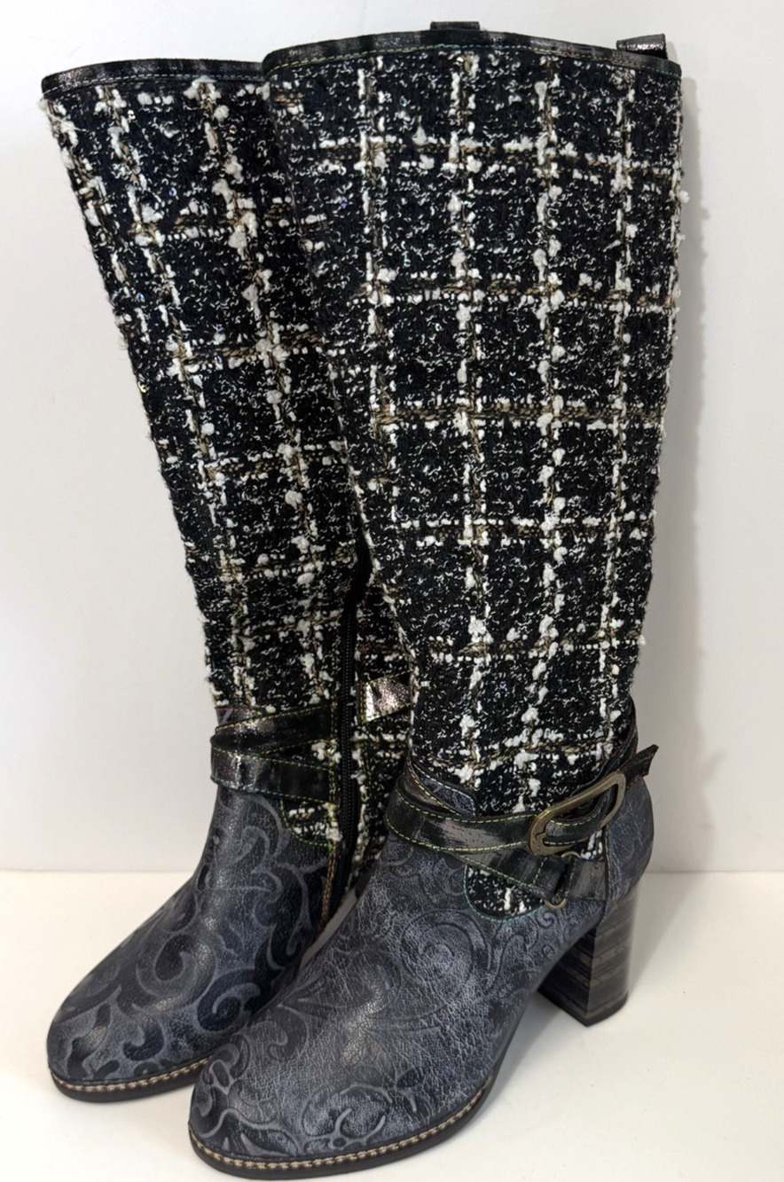 L'ARTISTE Spring Step Black Grey Tweed Knee High Boots Size 36 6 Block Heel Boho